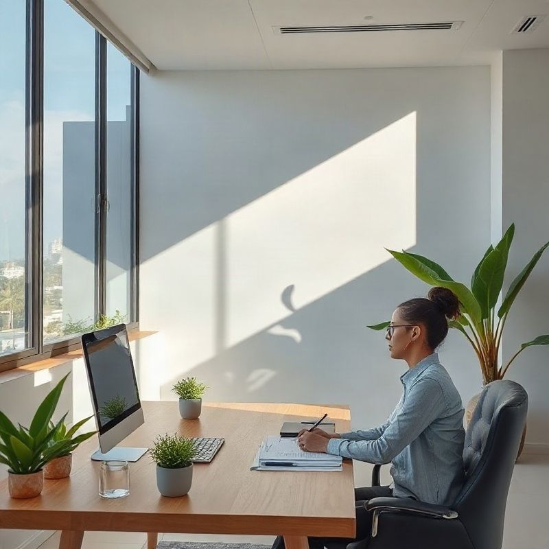 Corretora examinando plantas de apartamentos sobre uma mesa