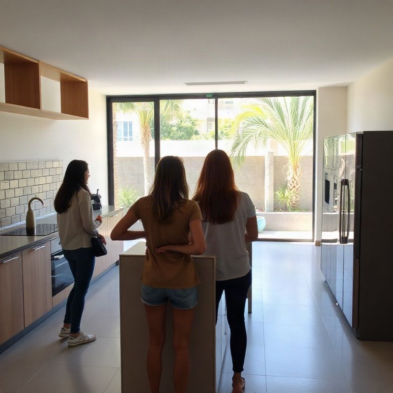 Visita acompanhada à cozinha de um apartamento para locação